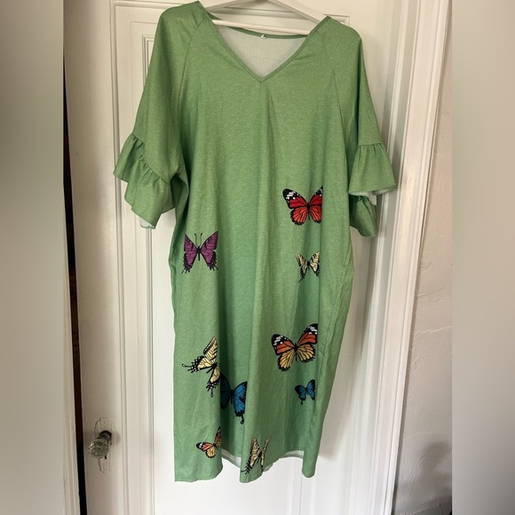 Green Butterfly Dress XXL Boho Casual Summer Dress Ruffle Sleeve V-Neck Tunic - Picture 8 of 12